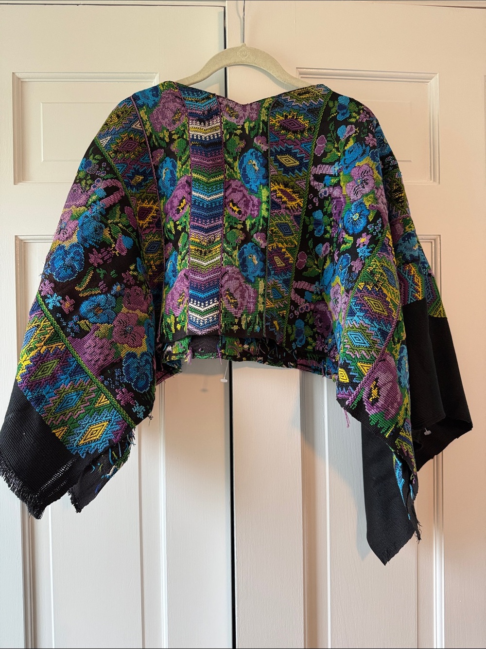 Handmade Embroidered Poncho Cape Black Purple Blue Floral Unique Boho Artsy - Picture 3 of 9